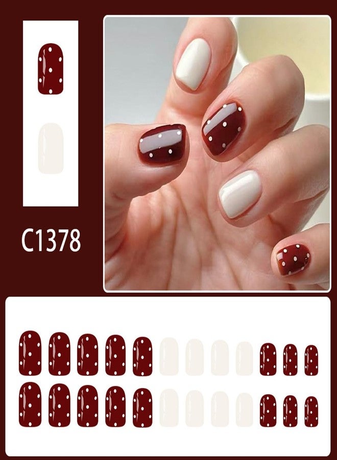 OSTTMA 24Pcs Polka Dot Press on Nails Short Square Fake Nails Brown＆White Acrylic Nail Glossy Cute Polka Dots Nails Press ons Full Cover Reusable Glue on Nail for Women DIY Manicure Accessories - Image 2